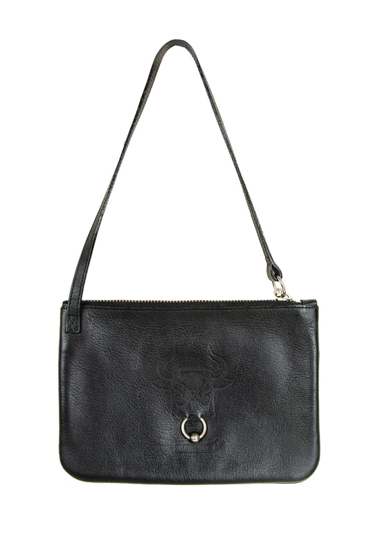 1990s Gaultier bull piercing black leather small handbag