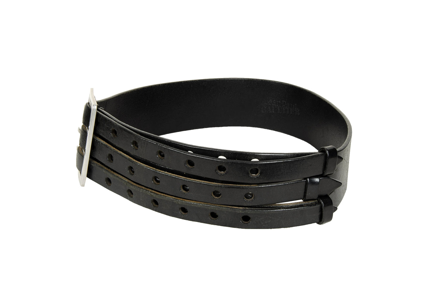 Jean Paul Gaultier black leather large belt / 1990s Gaultier oversized metal buckle