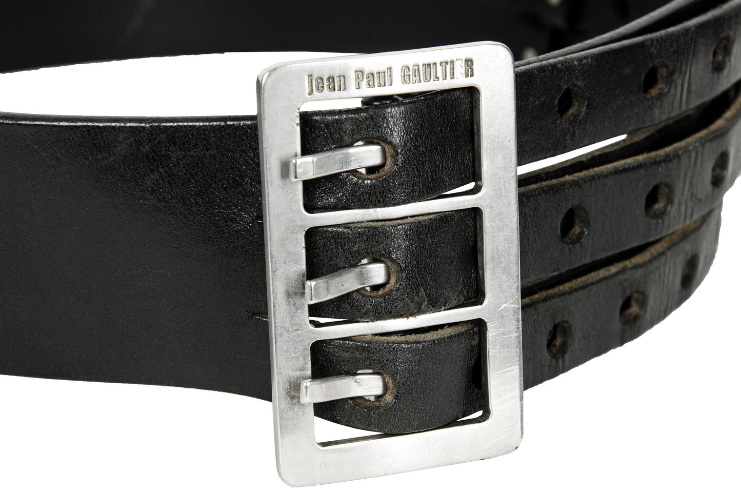 Jean Paul Gaultier black leather large belt / 1990s Gaultier oversized metal buckle