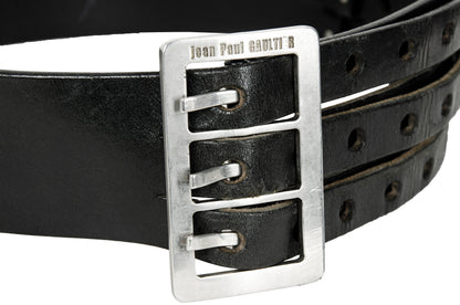 Jean Paul Gaultier black leather large belt / 1990s Gaultier oversized metal buckle