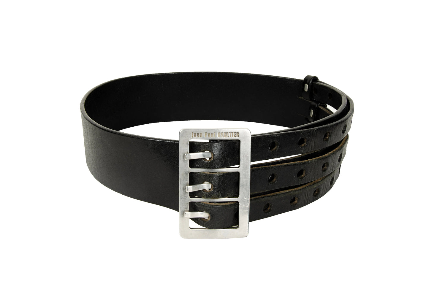 Jean Paul Gaultier black leather large belt / 1990s Gaultier oversized metal buckle