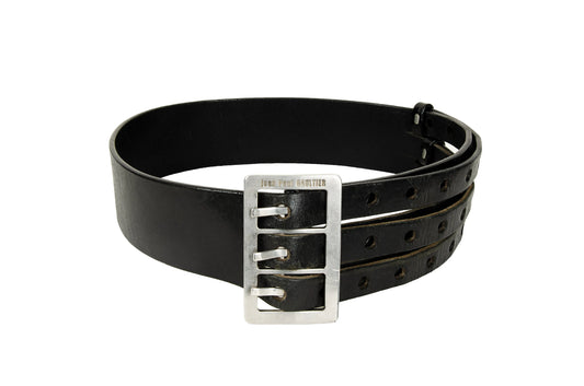 Jean Paul Gaultier black leather large belt / 1990s Gaultier oversized metal buckle