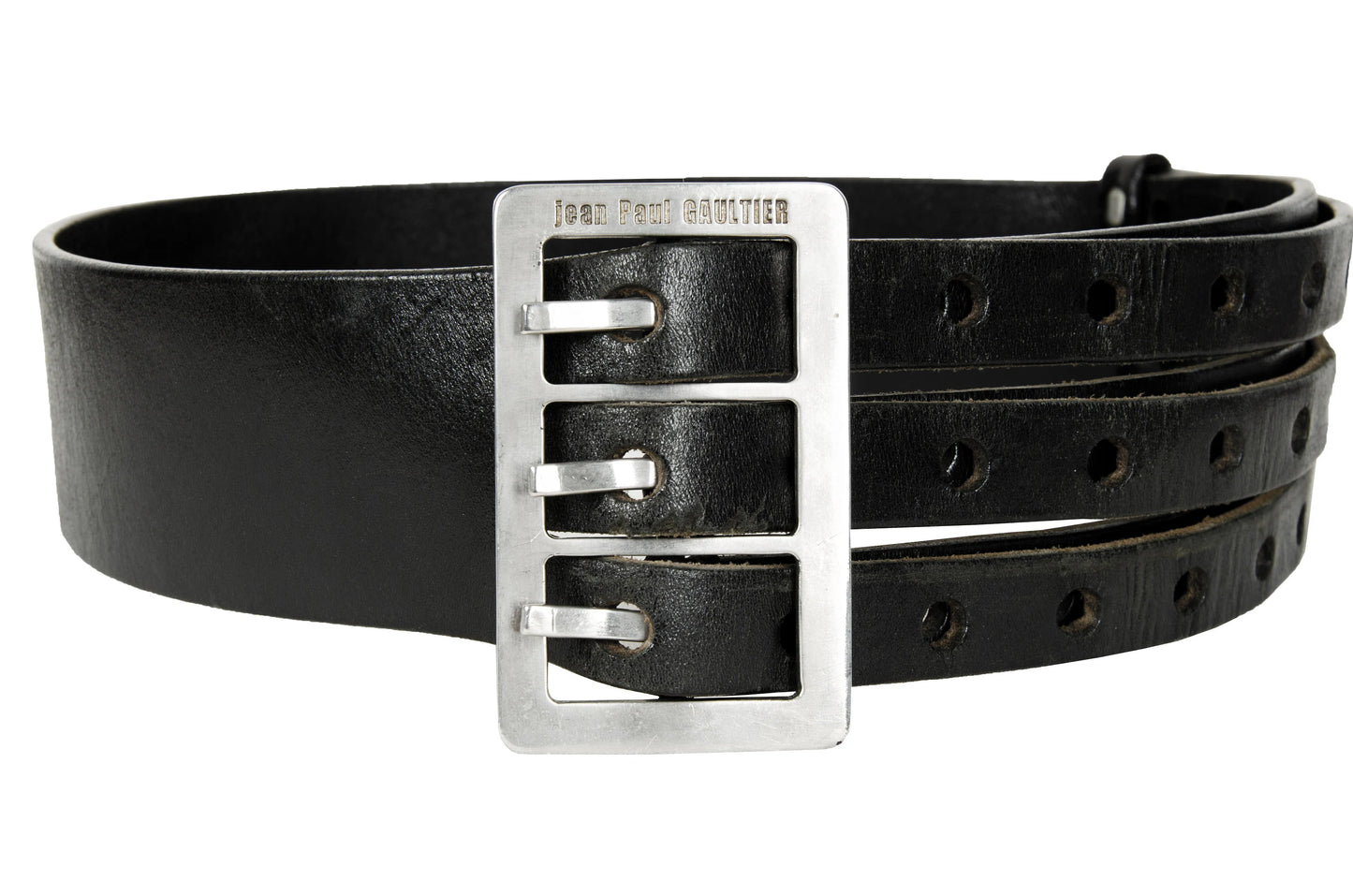 Jean Paul Gaultier black leather large belt / 1990s Gaultier oversized metal buckle