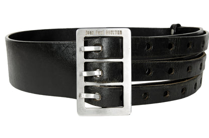 Jean Paul Gaultier black leather large belt / 1990s Gaultier oversized metal buckle