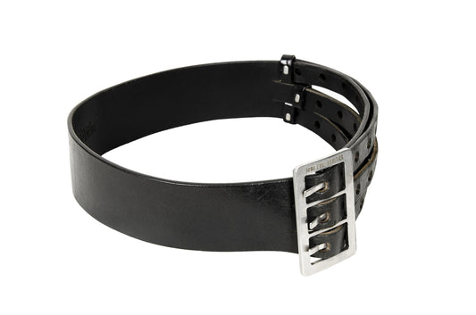 Jean Paul Gaultier black leather large belt / 1990s Gaultier oversized metal buckle