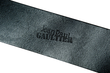 Jean Paul Gaultier black leather large belt / 1990s Gaultier oversized metal buckle