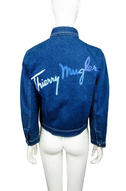 Rare 1980s Thierry Mugler embroidered cropped denim jacket