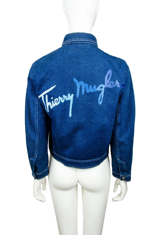 Rare 1980s Thierry Mugler embroidered cropped denim jacket