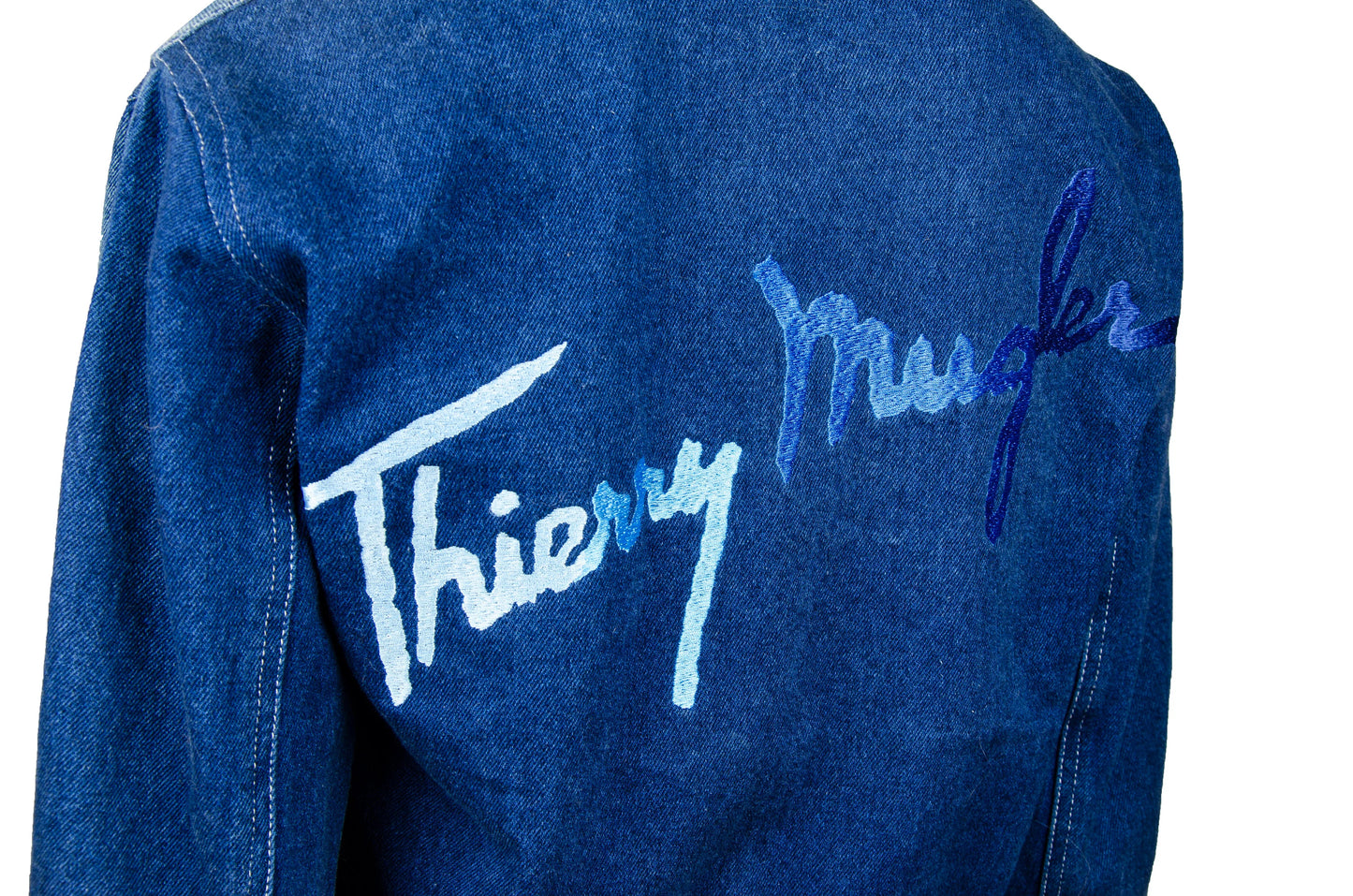 Rare 1980s Thierry Mugler embroidered cropped denim jacket