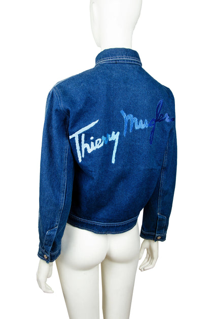 Rare 1980s Thierry Mugler embroidered cropped denim jacket