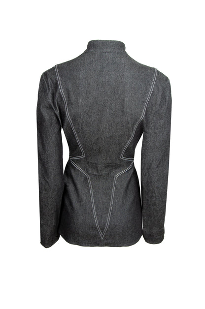 Thierry Mugler fitted waist structured grey denim jacket / Mugler charcoal denim zip front slim fit collarless blazer