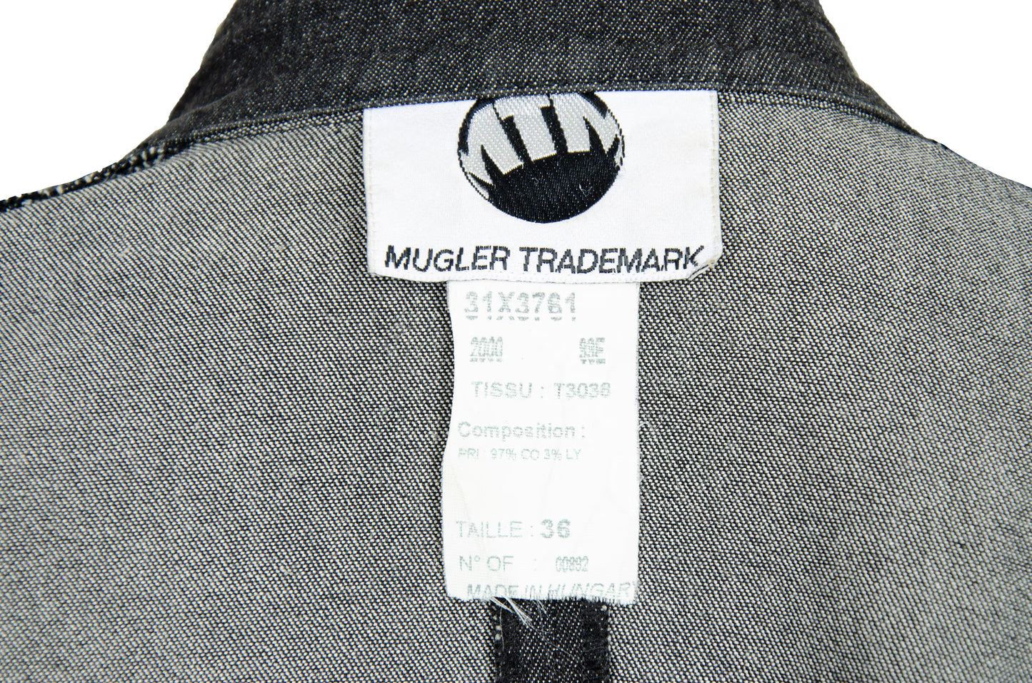 Thierry Mugler fitted waist structured grey denim jacket / Mugler charcoal denim zip front slim fit collarless blazer