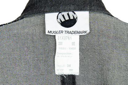Thierry Mugler fitted waist structured grey denim jacket / Mugler charcoal denim zip front slim fit collarless blazer