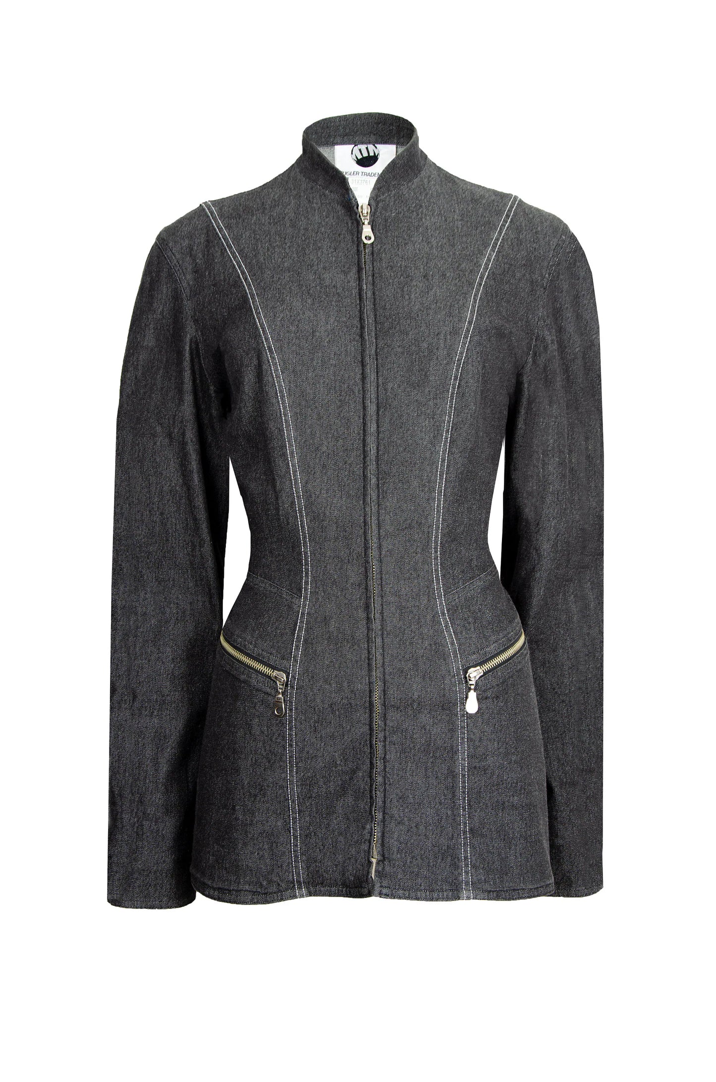 Thierry Mugler fitted waist structured grey denim jacket / Mugler charcoal denim zip front slim fit collarless blazer