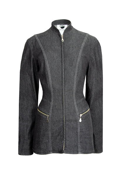 Thierry Mugler fitted waist structured grey denim jacket / Mugler charcoal denim zip front slim fit collarless blazer