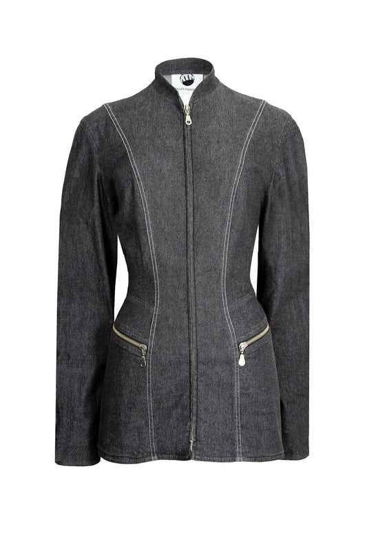Thierry Mugler fitted waist structured grey denim jacket / Mugler charcoal denim zip front slim fit collarless blazer