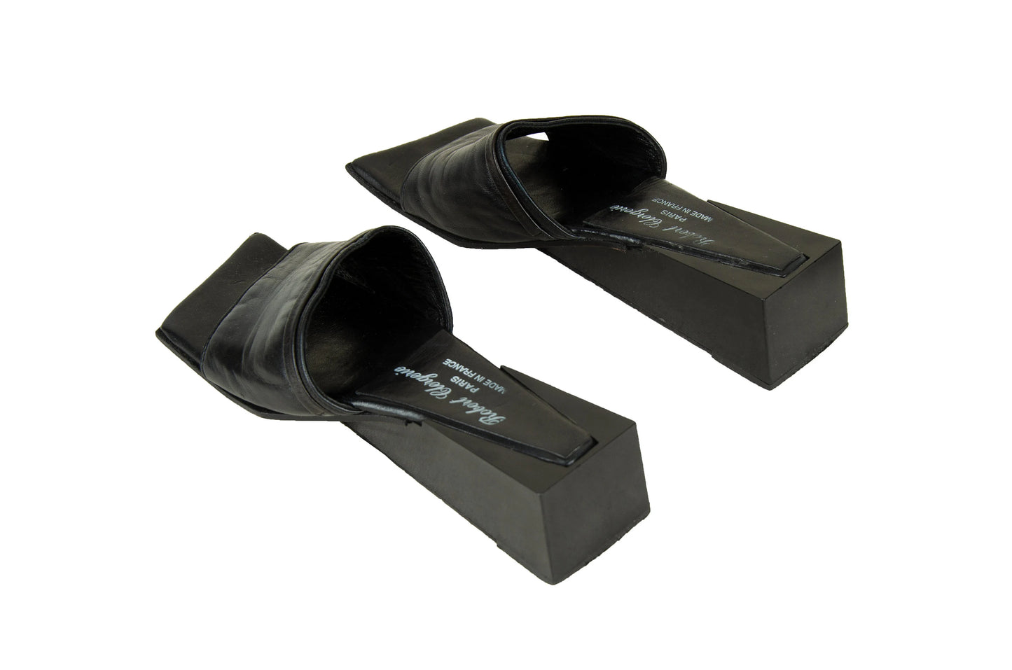 Robert Clergerie sculptural cube heel mules / Avant garde geometric wedge mules