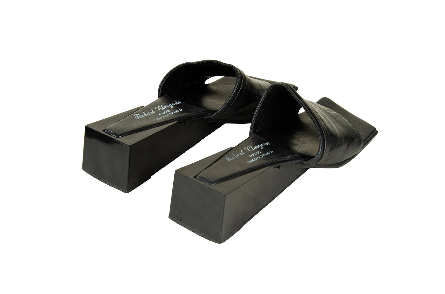Robert Clergerie sculptural cube heel mules / Avant garde geometric wedge mules