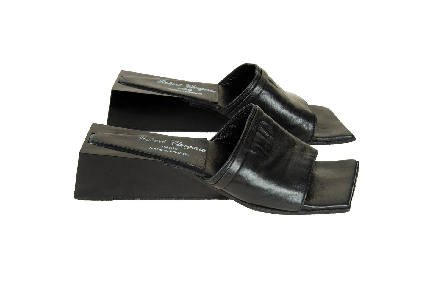 Robert Clergerie sculptural cube heel mules / Avant garde geometric wedge mules