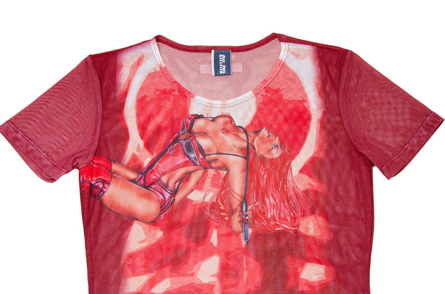 Jean Paul Gaultier mesh t-shirt / Gaultier graphic red mesh bdsm print sheer mesh top