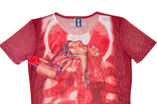 Jean Paul Gaultier mesh t-shirt / Gaultier graphic red mesh bdsm print sheer mesh top