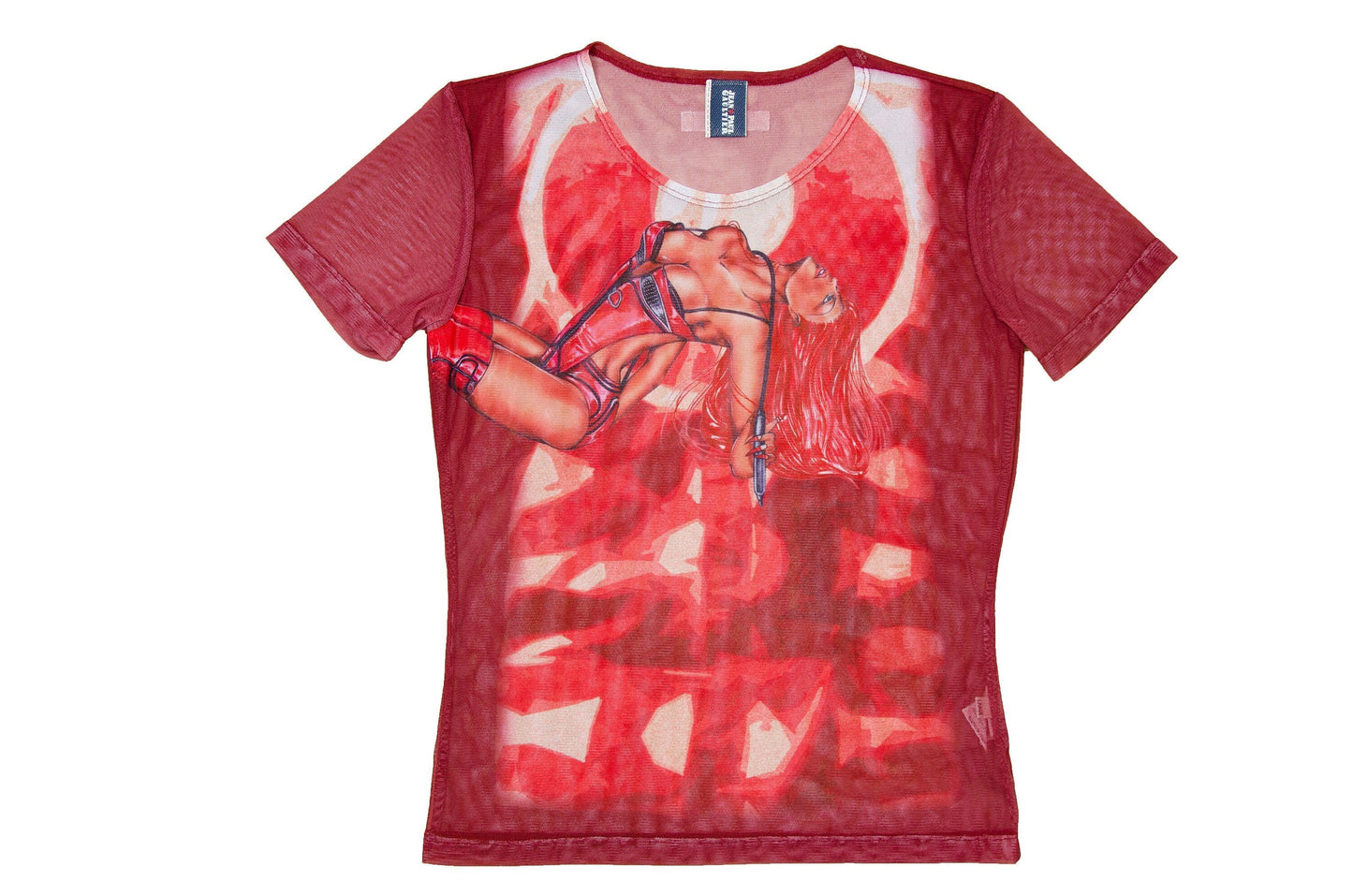Jean Paul Gaultier mesh t-shirt / Gaultier graphic red mesh bdsm print sheer mesh top