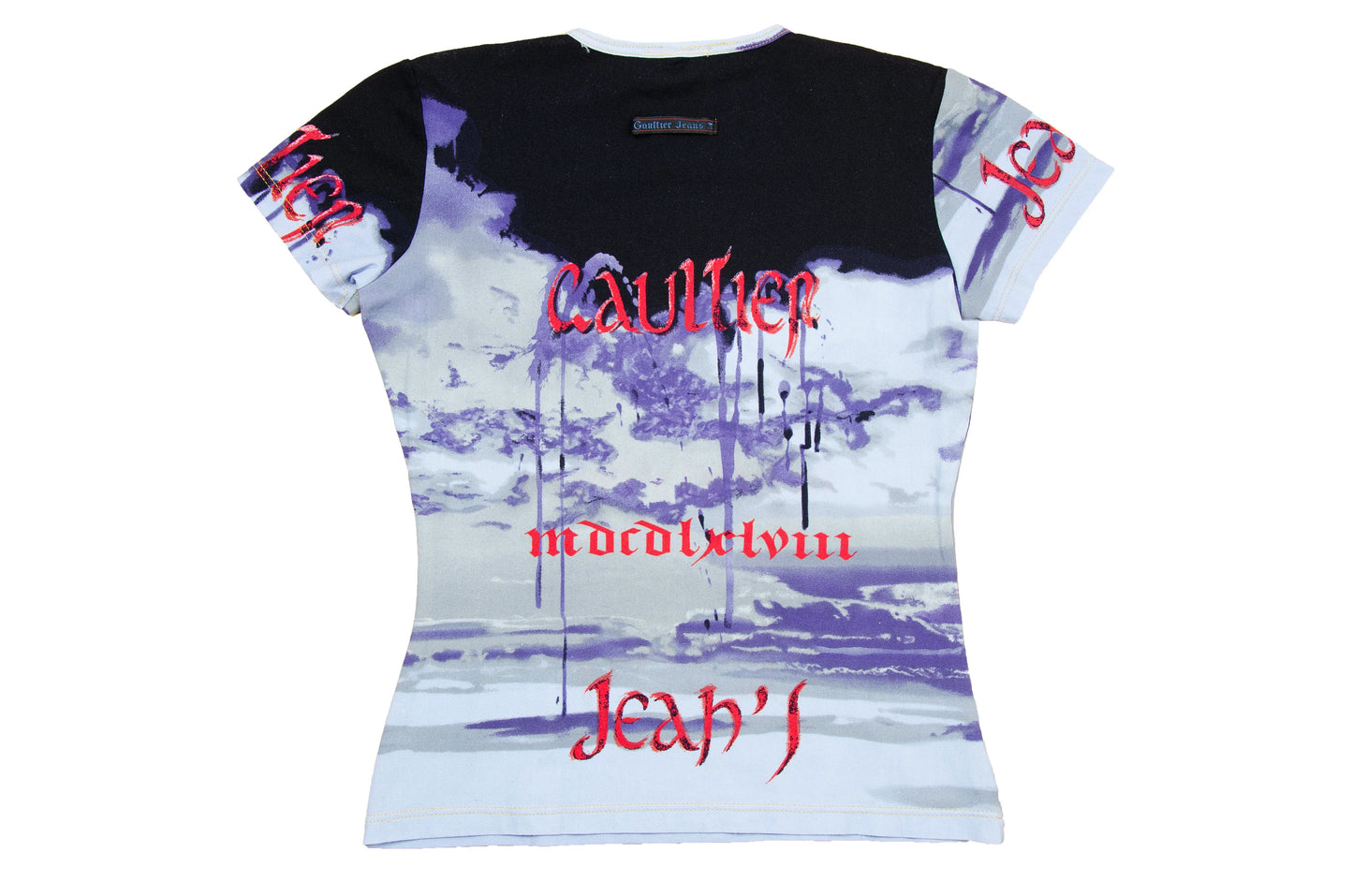 Jean Paul Gaultier all over gothic script print t-shirt / 90s Gaultier jeans roman number form fitting top