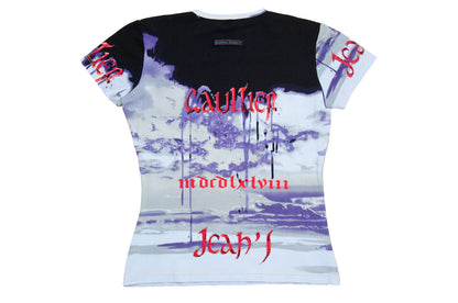 Jean Paul Gaultier all over gothic script print t-shirt / 90s Gaultier jeans roman number form fitting top