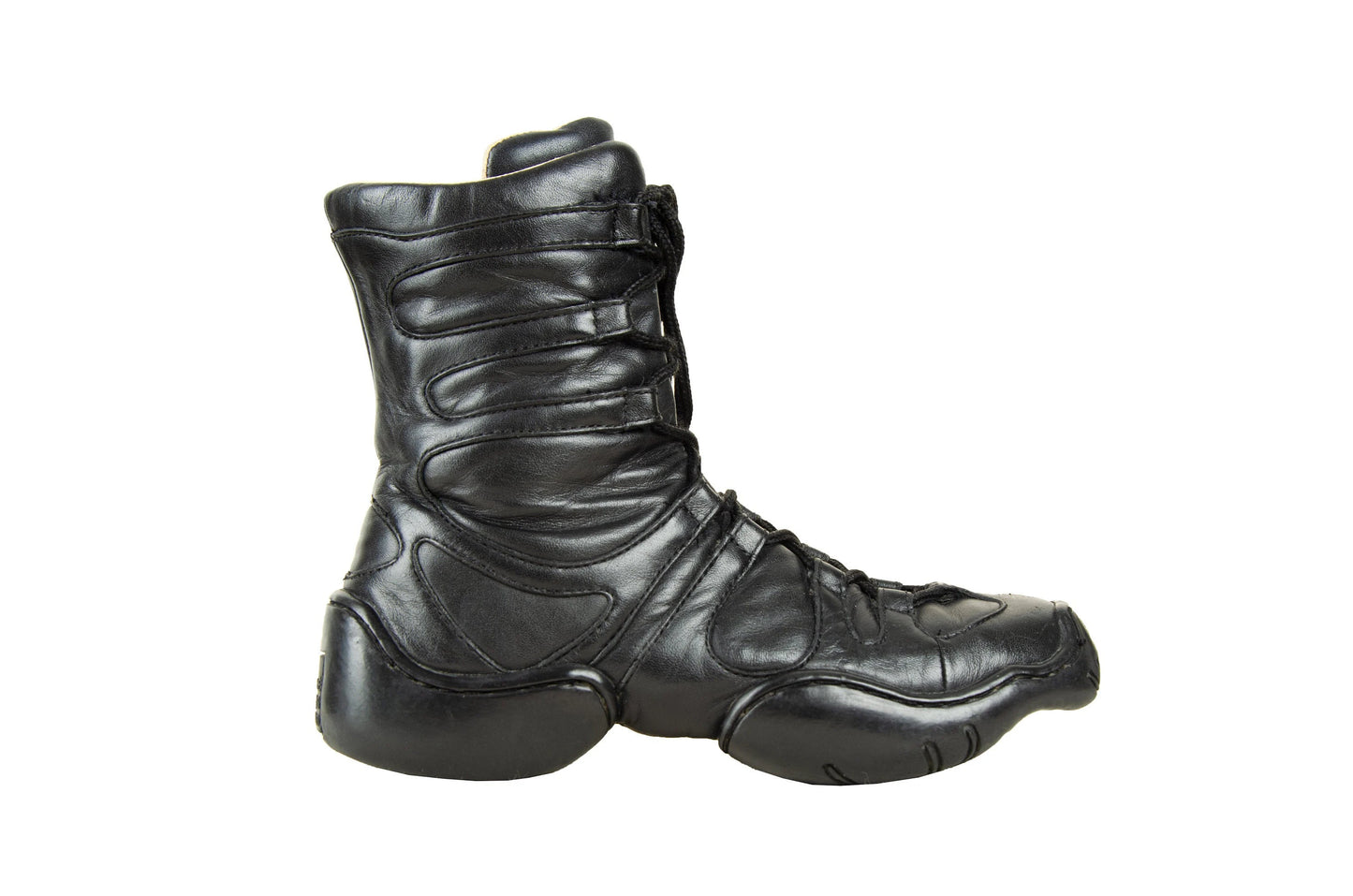 Marithé + François Girbaud boots / Chunky molded rubber sole lace up black leather lace up boots