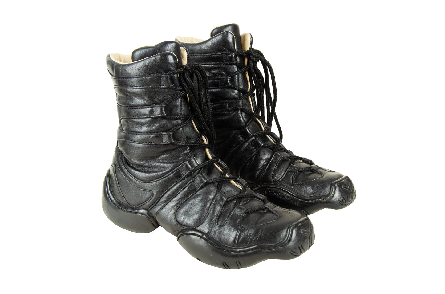 Marithé + François Girbaud boots / Chunky molded rubber sole lace up black leather lace up boots