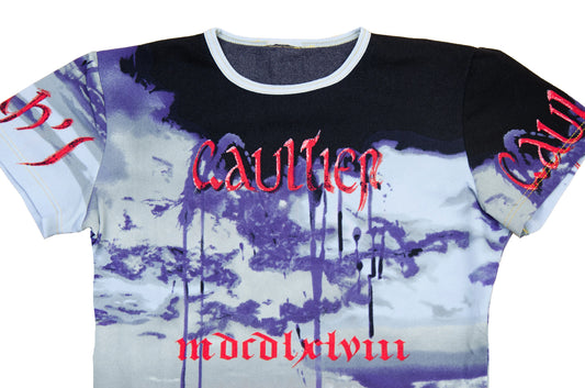 Jean Paul Gaultier all over gothic script print t-shirt / 90s Gaultier jeans roman number form fitting top