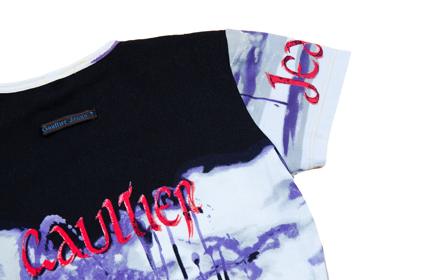 Jean Paul Gaultier all over gothic script print t-shirt / 90s Gaultier jeans roman number form fitting top