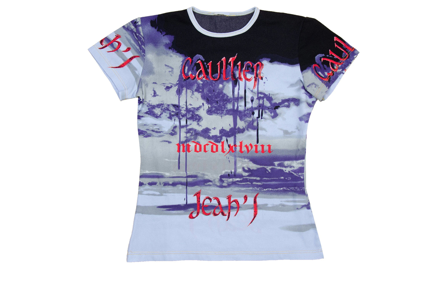 Jean Paul Gaultier all over gothic script print t-shirt / 90s Gaultier jeans roman number form fitting top