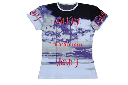 Jean Paul Gaultier all over gothic script print t-shirt / 90s Gaultier jeans roman number form fitting top
