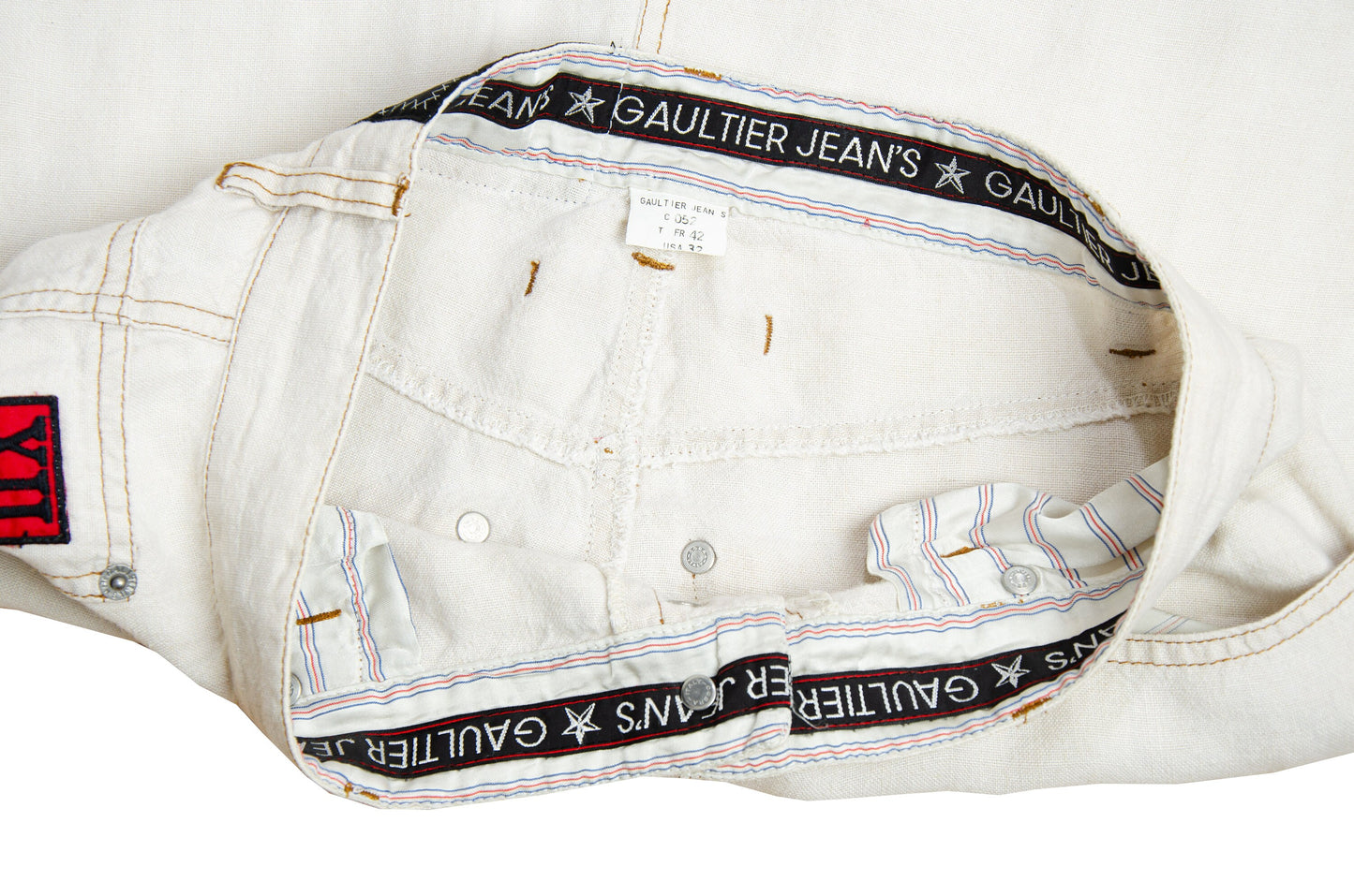 90s Jean Paul Gaultier high waist off white linen exposed button fly skirt
