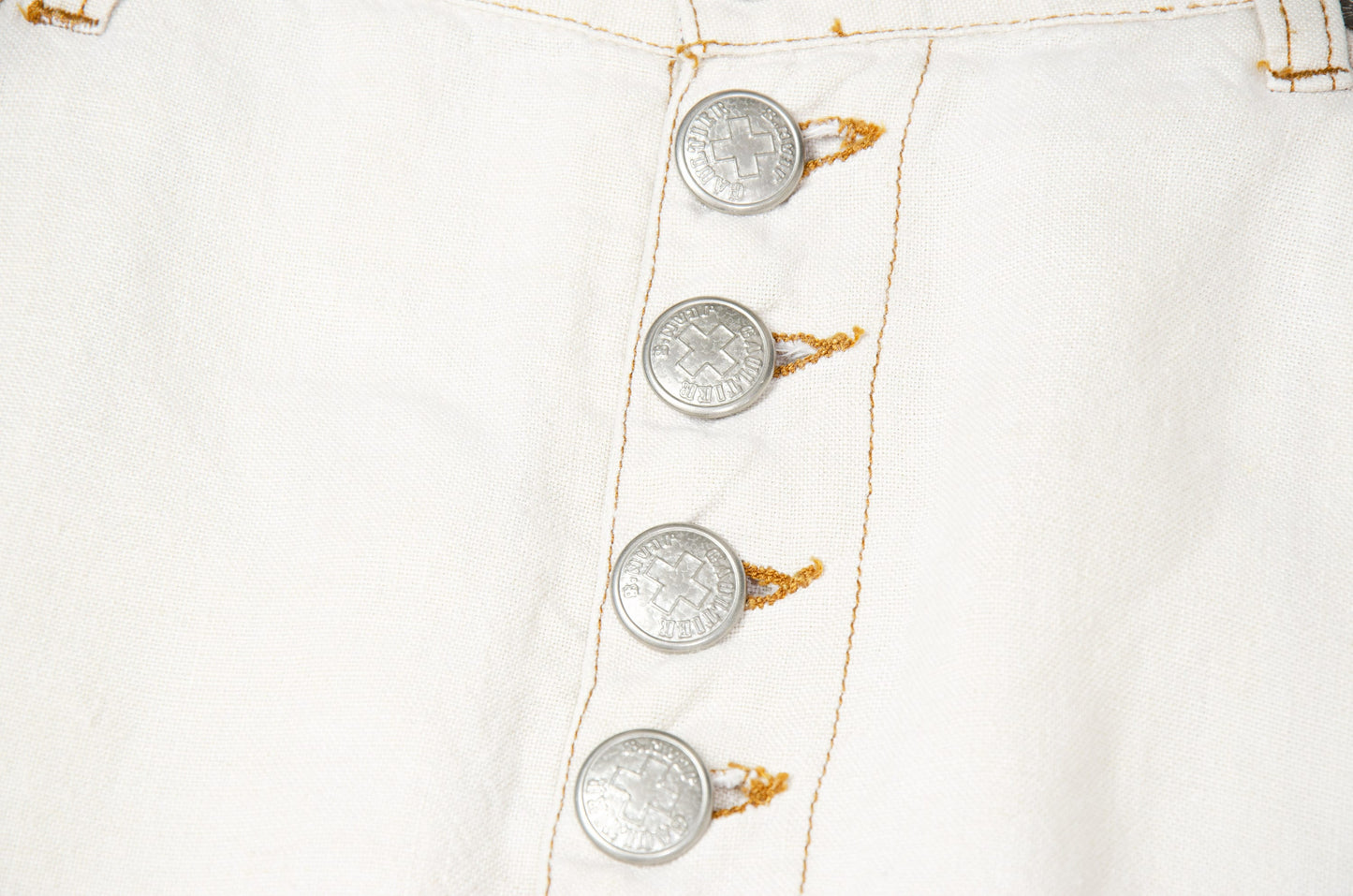 90s Jean Paul Gaultier high waist off white linen exposed button fly skirt