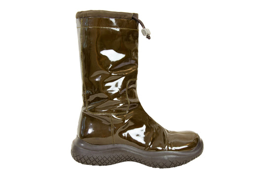 90s Prada chunky Vibram sole brown patent leather boots / Prada sport square toe technical nylon drawstring rain boots
