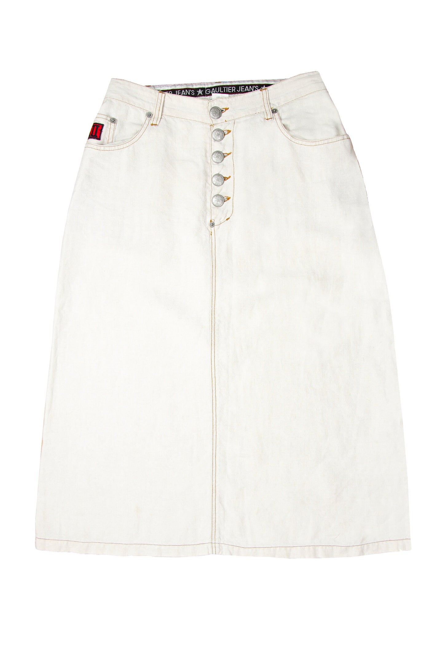 90s Jean Paul Gaultier high waist off white linen exposed button fly skirt