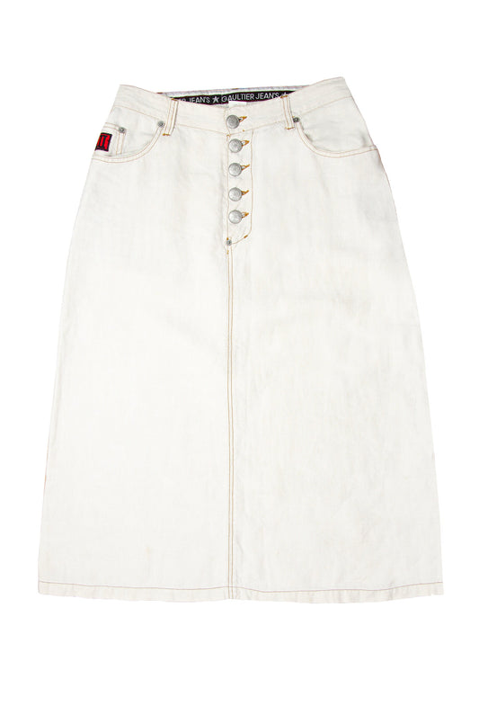 90s Jean Paul Gaultier high waist off white linen exposed button fly skirt