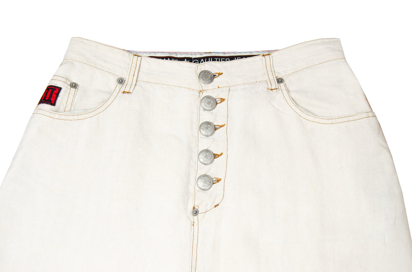 90s Jean Paul Gaultier high waist off white linen exposed button fly skirt