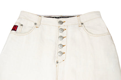 90s Jean Paul Gaultier high waist off white linen exposed button fly skirt