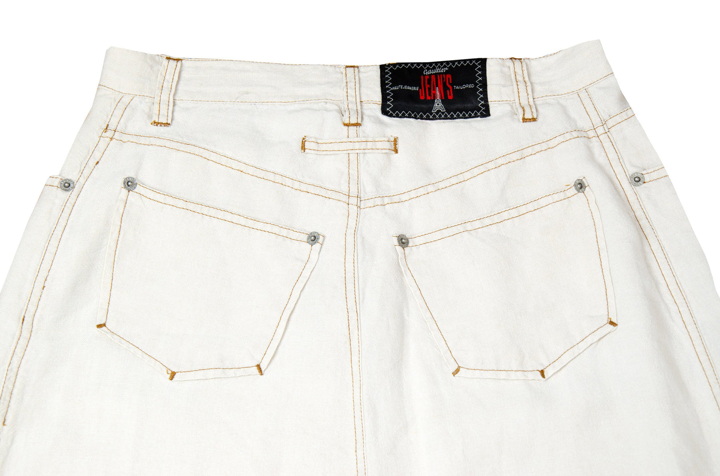 90s Jean Paul Gaultier high waist off white linen exposed button fly skirt