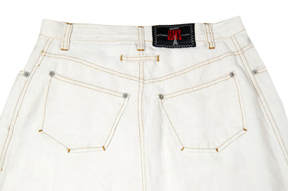 90s Jean Paul Gaultier high waist off white linen exposed button fly skirt