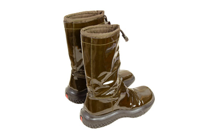 90s Prada chunky Vibram sole brown patent leather boots / Prada sport square toe technical nylon drawstring rain boots