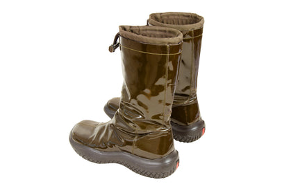 90s Prada chunky Vibram sole brown patent leather boots / Prada sport square toe technical nylon drawstring rain boots