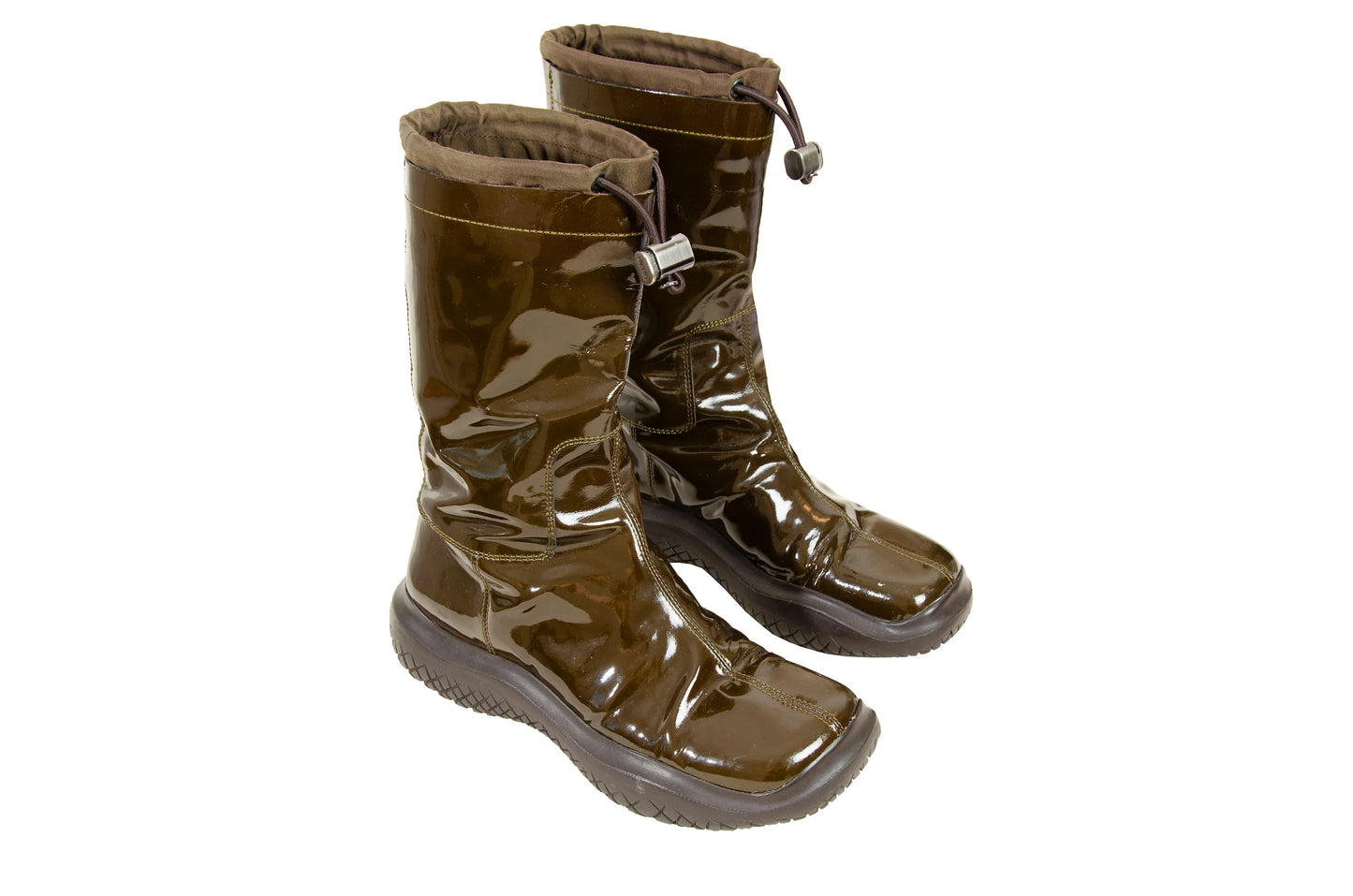 90s Prada chunky Vibram sole brown patent leather boots / Prada sport square toe technical nylon drawstring rain boots