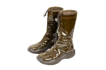 90s Prada chunky Vibram sole brown patent leather boots / Prada sport square toe technical nylon drawstring rain boots