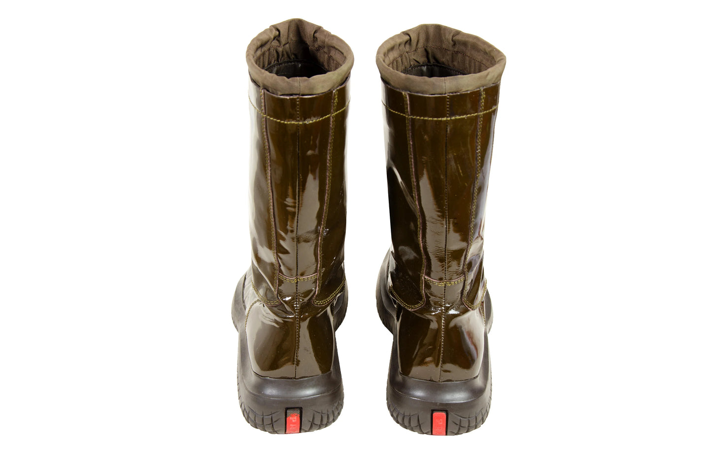 90s Prada chunky Vibram sole brown patent leather boots / Prada sport square toe technical nylon drawstring rain boots