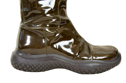 90s Prada chunky Vibram sole brown patent leather boots / Prada sport square toe technical nylon drawstring rain boots