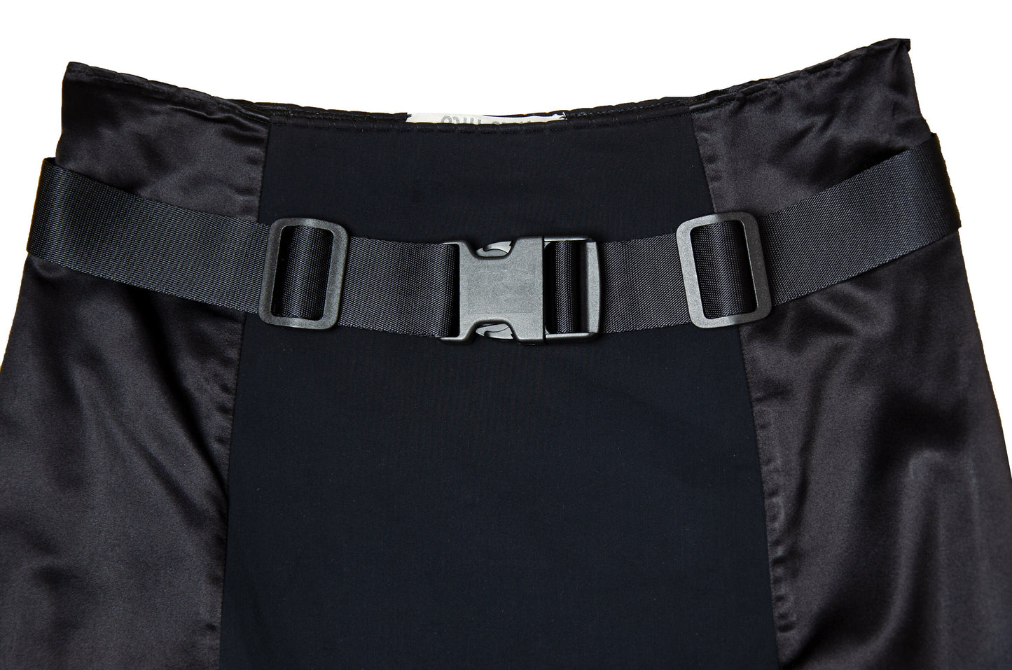 1999 Miu Miu technical clip buckle silk and neoprene black skirt